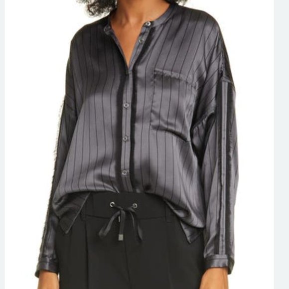 New ATM Silk Gray Striped Blouse Size L - Picture 1 of 7